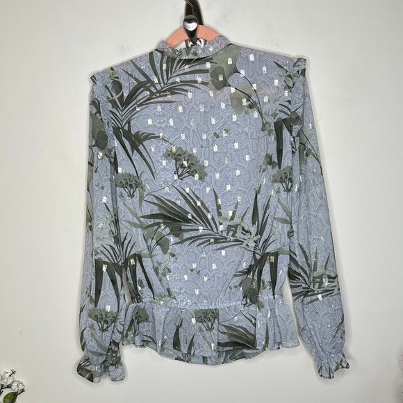 TED BAKER Tibbine Highland Frill Blouse Green Plant Leaf Print Gray {WW22} - Picture 4 of 7